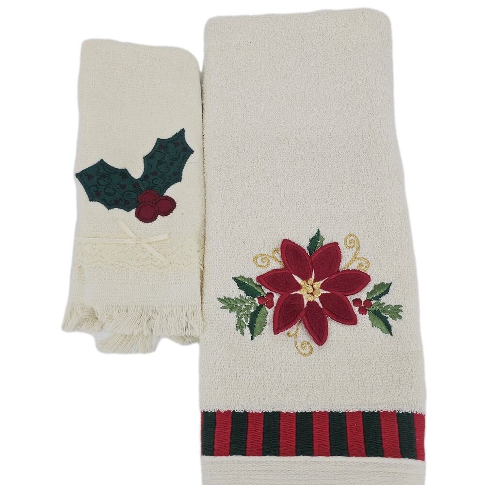 Vintage 1990's Santens 2pc Christmas Pointsettia Hand Towels Cream Cotton USA